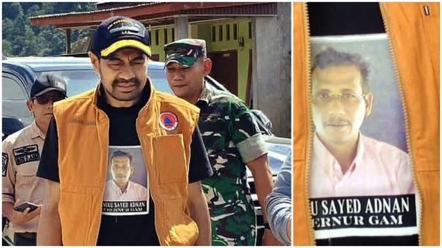 Gubernur Aceh Pakai Kaos Tokoh GAM Sayed Adnan Saat Tinjau Bencana