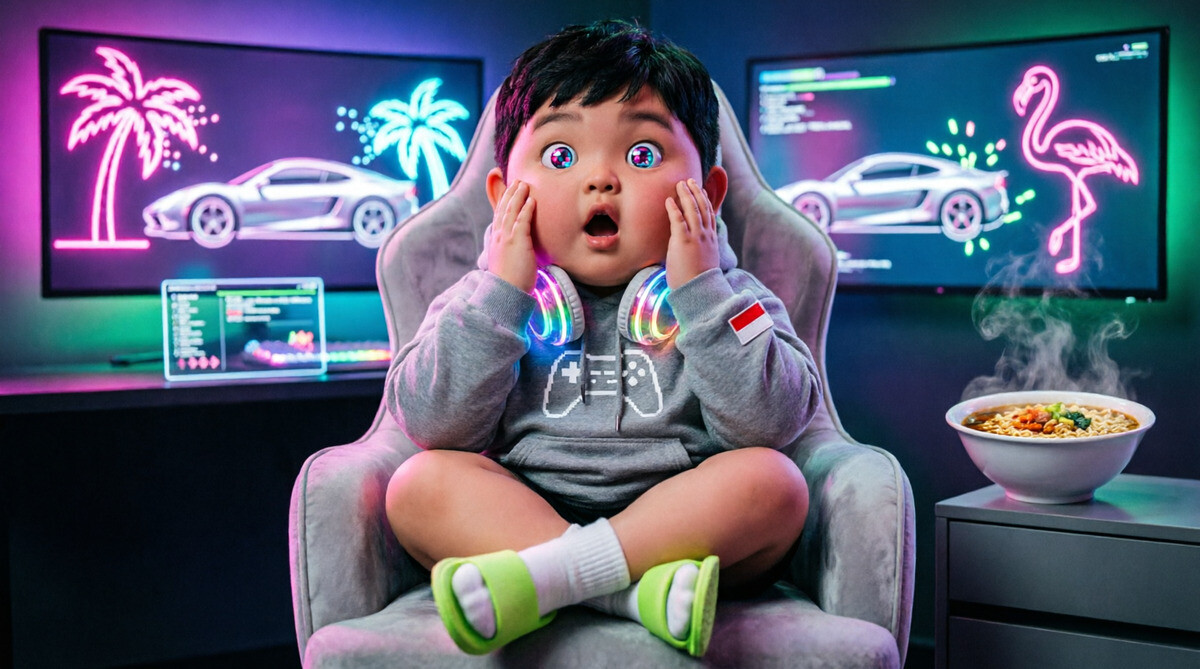 Ilustrasi 3D fotorealistis bergaya gemoy yang menampilkan seorang bocah gamer Indonesia bertubuh gembul menggemaskan, duduk bersila di atas gaming chair abu-abu dengan ekspresi takjub (mind-blown) — kedua tangan menempel di pipi, mulut terbuka lebar, dan mata besar berbinar memantulkan cahaya neon, seolah tak percaya melihat bocoran fitur GTA 6 di hadapannya. FOTO/AI for HAI. Ⓒ Hak cipta foto di atas dikembalikan sesungguhnya kepada pemilik foto