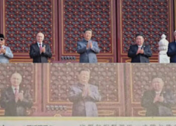 Foto utama di halaman depan koran Yomiuri Shimbun terbesar Jepang memperlihatkan tiga pemimpin dunia yang hadir di parade militer Beijing, 3 September 2025, yaitu Presiden Tiongkok Xi Jinping, Presiden Rusia Vladimir Putin, dan Pemimpin Korea Utara Kim Jong-un. FOTO/Kolase. Ⓒ Hak cipta foto di atas dikembalikan sesungguhnya kepada pemilik foto