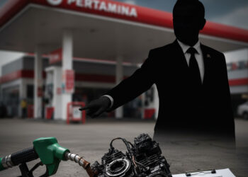 Ilustrasi foto yang menangkap ketegangan antara konsumen dan Pertamina. Di latar depan, sebuah pompa bensin Pertalite (Nozzle Hijau) yang rusak atau meneteskan cairan berwarna keruh, di sebelahnya terlihat mesin motor (bagian karburator/injeksi) yang dipenuhi kerak hitam atau terlihat rusak. Di sisi kanan, tumpukan nota/bukti pembayaran Pertalite yang dilampirkan bersama surat pengaduan konsumen. Di latar belakang (out of focus), terdapat logo Pertamina dan siluet gerbang SPBU, dengan bayangan sosok pria berjas/regulator (menggambarkan Menteri ESDM atau BPKN) yang menunjuk dengan tegas ke arah pompa. Judul visual utama: "Pertalite Bermasalah? Ganti Rugi atau Akuntabilitas?" Kontras warna antara merah (Pertamina/risiko) dan kuning (peringatan). FOTO/Net.