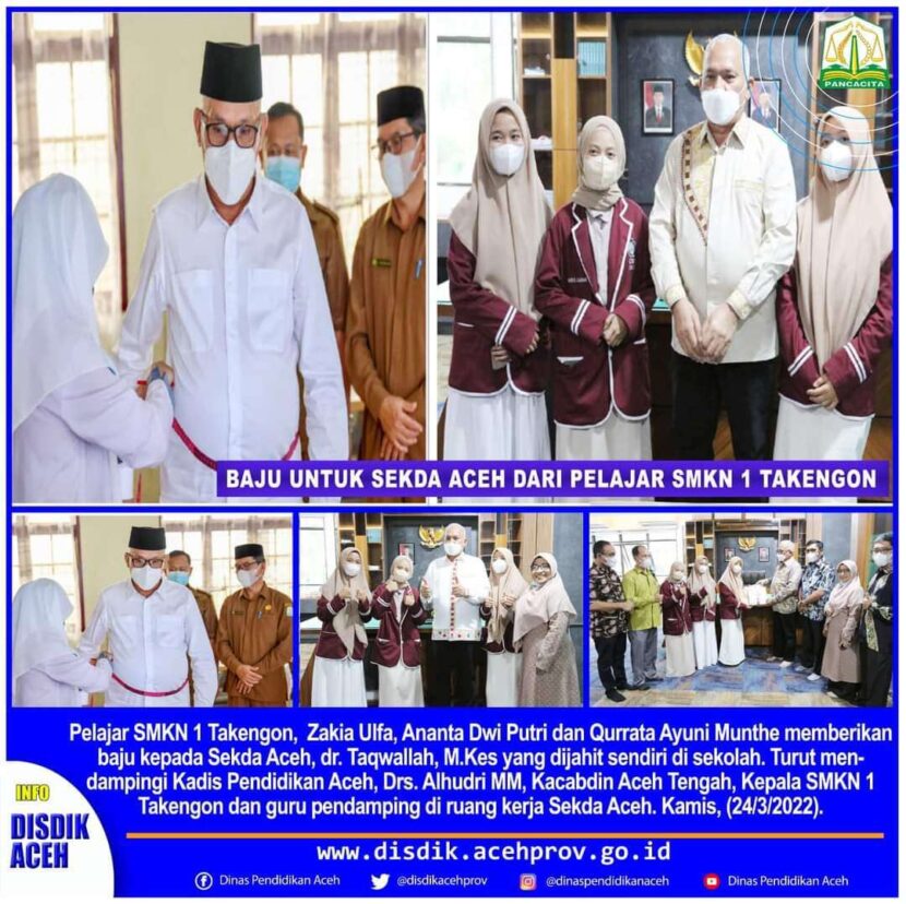Sekda Aceh, dr. Taqwallah menerima baju hasil jahitan Pelajar SMKN 1 Takengon. FOTO/Dok, Disdik Aceh
