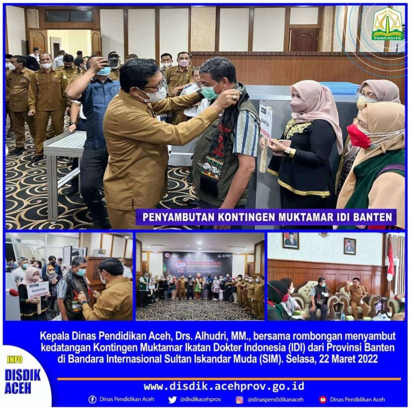Kepala Dinas Pendidikan Aceh, Drs. Alhudri, MM., bersama rombongan menyambut kedatangan Kontingen Muktamar Ikatan Dokter Indonesia (IDI) dari Provinsi Banten di Bandara Internasional Sultan Iskandar Muda (SIM), Selasa, 22 Maret 2022. FOTO/Dok. Disdik Aceh