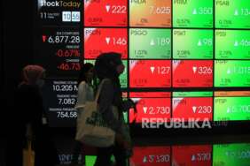 Pekerja melintas di depan layar indeks harga saham gabungan (IHSG) di Gedung Bursa Efek Indonesia, Jakarta. Indeks Harga Saham Gabungan (IHSG) berakhir di zona positif pada perdagangan Senin (4/4). Setelah sempat terkoreksi pada sesi pertama, IHSG akhirnya ditutup menguat sebesar 0,53 persen dan menembus level tertinggi baru ke posisi 7.116,21.