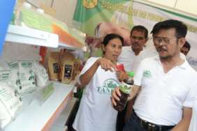Menteri Pertanian Syahrul Yasin Limpo (kanan) meninjau stan produk pertanian. Mentan memantau persediaan kebutuhan pangan di Pasar Terong, Makassar. Ilustrasi.