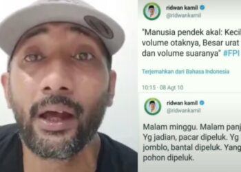 Babe Aldo dan tangkapan layar postingan lawas tentang FPI oleh Gubernur Jawa Barat, Ridwan Kamil. FOTO/Kolase