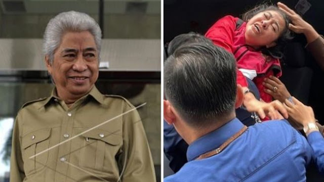 Max Moein saat masih hidup ketika diperiksa KPK (foto kiri). Mischa Hasnaeni Moein si Wanita Emas meronta dan menjerit saat ditahan Kejagung karena kasus korupsi, Kamis (22/9/2022). FOTO/Kolase/Antara/IST