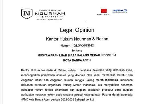 Tangkapan Layar Legal Opinion Relawan PMI Kota Banda Aceh yang menilai Muskotlub pemilihan Ketua Umum PMI Kota Banda Aceh adalah Ilegal. FOTO/HAI/Tangkapan Layar