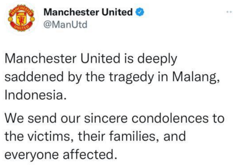 Manchester United menyampaikan duka cita atas tragedi Kanjuruhan, Malang, Jawa Timur.
