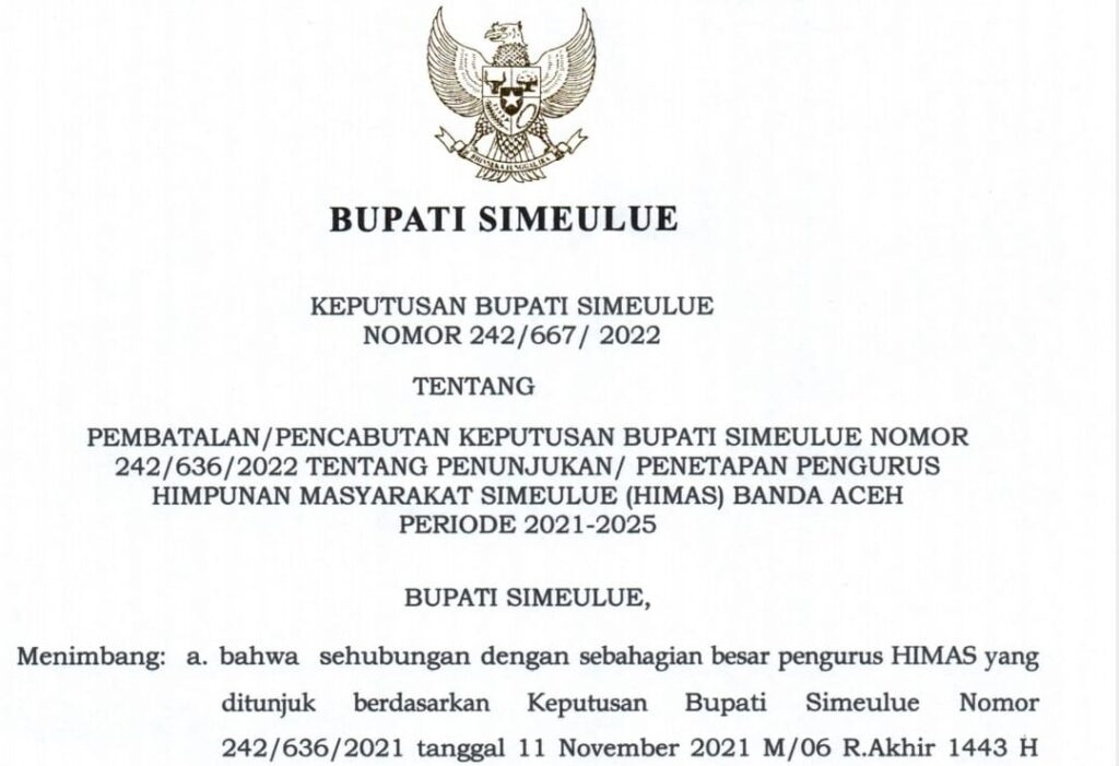 Pj Bupati Simeulue Cabut SK Pengurus Himas Banda Aceh Versi Bupati