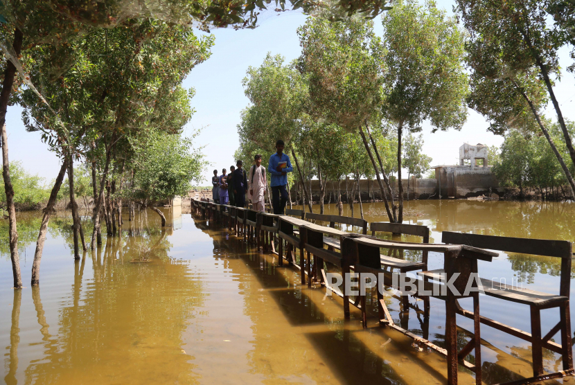  Siswa menggunakan bangku sekolah untuk menyeberangi banjir di sekolah yang terendam air, di distrik Mirpur Khas, provinsi Sindh, Pakistan, 10 Oktober 2022. Menurut otoritas manajemen bencana, sekitar 160 jembatan dan 5.000 km (3.200 mil) jalan hancur atau rusak, 3,5 juta hektar tanaman terpengaruh, dan sekitar 800.000 ternak hilang. Lebih dari 33 juta orang terkena dampak banjir, kata Menteri Perubahan Iklim negara itu Sherry Rehman.