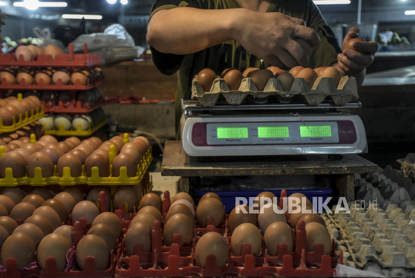 Pedagang menata telur ayam di lapaknya di Pasar Kosambi, Kota Bandung. Badan Pangan Nasional atau National Food Agency (NFA) meminta para peternak layer dan pedagang telur untuk membeli dan menjual telur ayam ras sesuai dengan Harga Acuan Penjualan/Pembelian (HAP) yang telah disepakati dan tertuang dalam Peraturan Badan Pangan Nasional (Perbadan) Nomor 5 Tahun 2022.