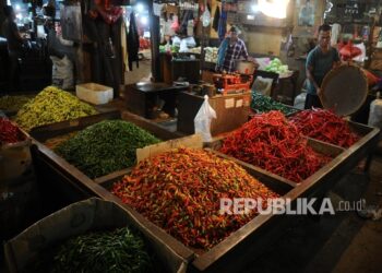 Pedagang sedang mengatur dagangan cabai merah keriting di pasar tradisional. ilustrasi