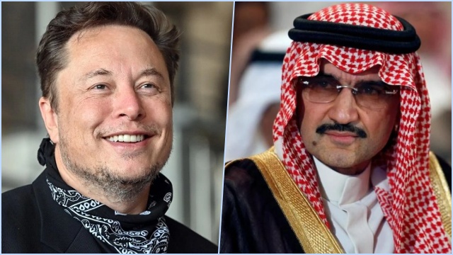 Pendiri Tesla, Elon Musk (kiri) menggelontorkan USD 44 miliar atau setara Rp 684 triliun untuk membeli saham twitter, sambil menggandeng Pangeran Arab Saudi, Alwaleed bin Talal (kanan). FOTO/Kolase