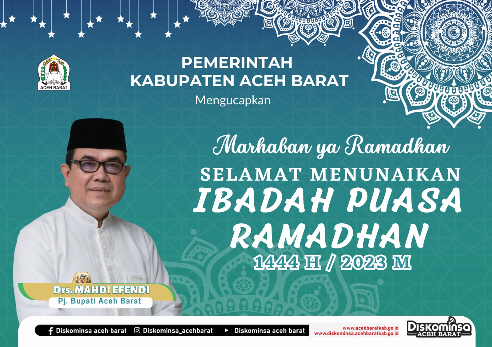Iklan ucapan selamat menunaikan ibadah puasa di bulan suci Ramadhan 1444 H dari Pj Bupati Aceh Barat