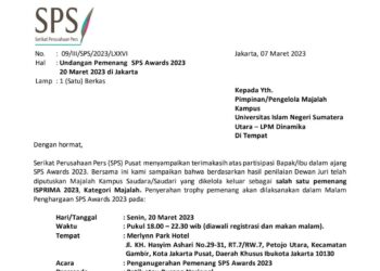 Undangan Serikat Perusahaan Pers (SPS) nomor 09/III/SPS/2023/LXXVI tentang undangan pemenang Isprima 2022. FOTO/Net