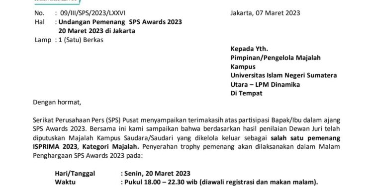 Undangan Serikat Perusahaan Pers (SPS) nomor 09/III/SPS/2023/LXXVI tentang undangan pemenang Isprima 2022. FOTO/Net