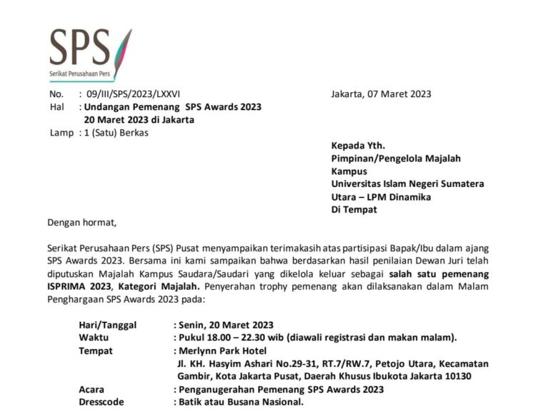 Undangan Serikat Perusahaan Pers (SPS) nomor 09/III/SPS/2023/LXXVI tentang undangan pemenang Isprima 2022. FOTO/Net