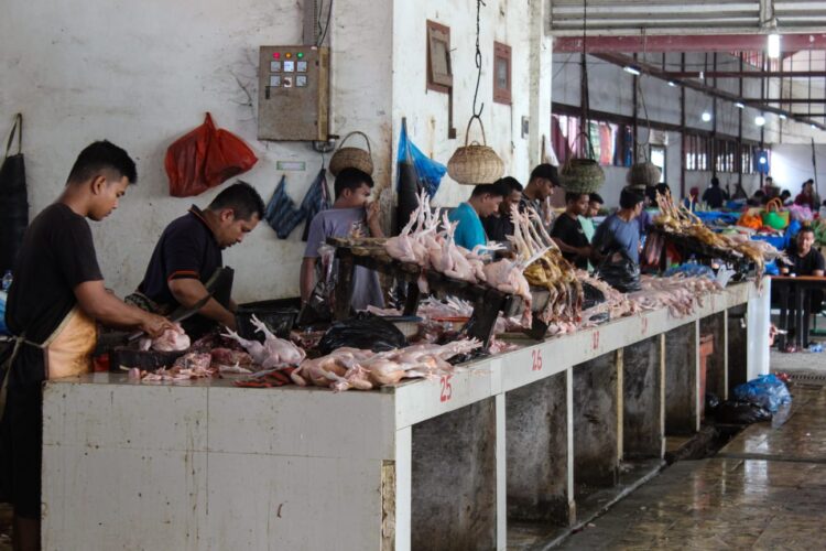 Sejumlah pedagang memotong daging ayam di pasar Almahira, Kota Banda Aceh, Rabu (31/5/2023). Harga daging ayam di daerah itu mengalami kenaikan mulai Rp 60.000 hingga 70.000 per ekor, namun daya beli kurang/sepi. FOTO/lensakita.com/Mardili