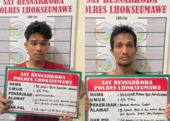 Dua tersangka yang diringkus Polres Lhokseumawe atas dugaan penjualan narkotika jenis sabu, yakni MU (42) dan MA (28) warga Kota Lhokseumawe. FOTO/Dok. Humas Polres. Ⓒ Hak Cipta Foto di atas dikembalikan sesungguhnya kepada Pemilik Foto