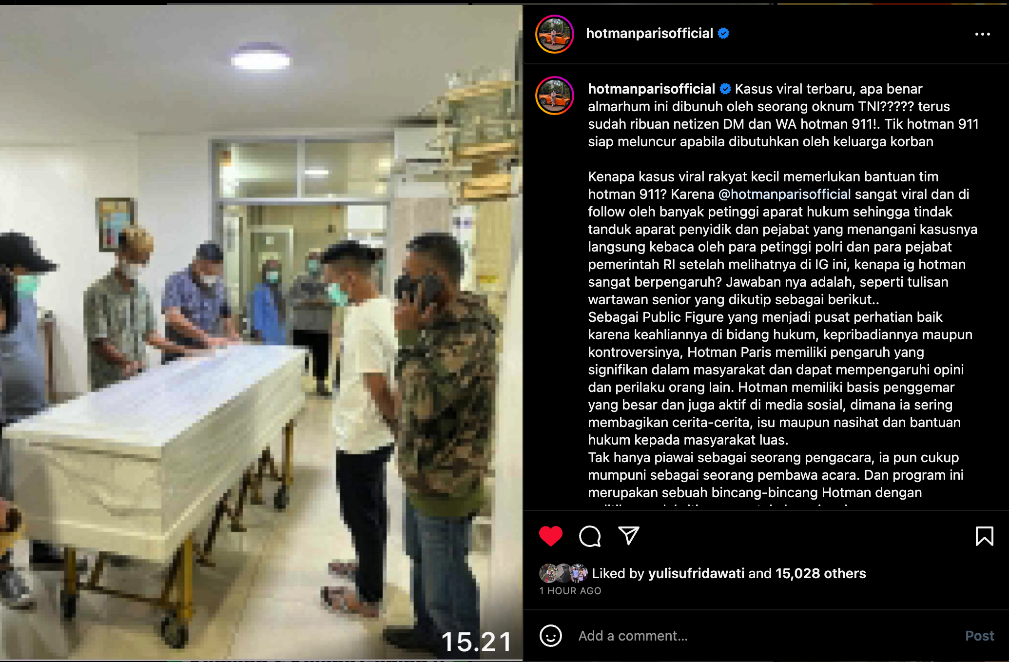 Tangkapan Layar Postingan Instagram Pengacara Hotman Paris. Ⓒ Hak Cipta Foto di atas dikembalikan sesungguhnya kepada Pemilik Foto