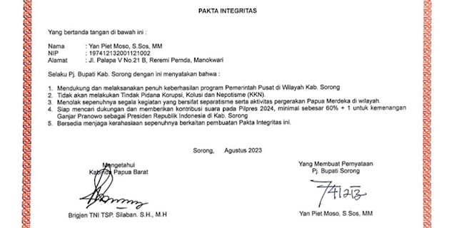 Beredar Pakta Integritas Pj Bupati Sorong Menangkan Ganjar