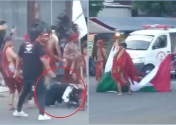 Dari gambar tangkapan layar video terlihat seorang pria di Kota Bitung, Sulawesi Utara dikeroyok kelompok yang diduga bawa Bendera Teroris Israel. Terlihat juga massa ormas itu merusakan bendera Palestina. FOTO/Instagram. Ⓒ Hak cipta foto di atas dikembalikan sesungguhnya kepada pemilik foto