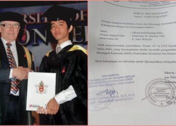 Tahun 2007 Gibran lulus dari Management Development Institute of Singapore (MDIS). Kemudian ia melanjutkan studi ke program Insearch di University of Technology Sydney (UTS Insearch), Sydney, Australia hingga lulus pada 2010. Terlihat Gibran menerikan sertifikat yang diberikan oleh salah seorang pendidik (kiri). Foto yang menyebutkan ijazah yang diperoleh gibran setara dengan ijazah setingkat Sekolah Mengengah Kejuruan (SMK). FOTO/Kolase. Ⓒ Hak cipta foto di atas dikembalikan sesungguhnya kepada pemilik foto