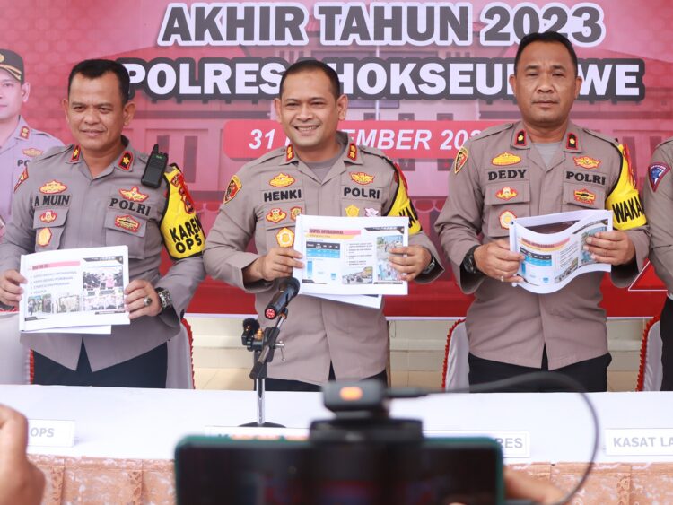 Polres Lhokseumawe menyampaikan release akhir tahun kepada sejumlah awak media terkait kinerja jajaran Polres Lhokseumawe sepanjang tahun 2023. FOTO/Dok. Polres Lhokseumawe. Ⓒ Hak cipta foto di atas dikembalikan sesungguhnya kepada pemilik foto