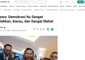 Tangkapan Layar media Kumparan yang menampilkan berita yang menyebutkan pandangan Prabowo tentang Demokrasi terlihat mengerikan. FOTO/Tangkapan Layar. Ⓒ Hak cipta foto di atas dikembalikan sesungguhnya kepada pemilik foto