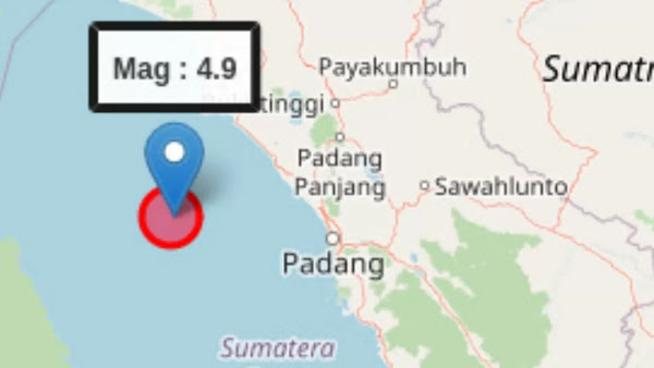 Gempa bumi dengan magnitudo 4,9 mengguncang wilayah Barat Daya Kota Pariaman, Sumatera Barat, pada Senin (9/12) pukul 16.50 WIB. FOTO/Tangkapan Layar. Ⓒ Hak cipta foto di atas dikembalikan sesungguhnya kepada pemilik foto