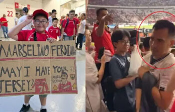 Aksi tak terpuji seorang pria yang merebut jersey milik Marselino Ferdinan dari seorang bocah suporter Timnas Indonesia viral di media sosial. FOTO/Net. Ⓒ Hak cipta foto di atas dikembalikan sesungguhnya kepada pemilik foto