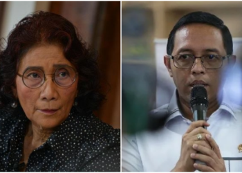 Mantan Menteri Kelautan dan Perikanan Susi Pudjiastuti (kiri) bereaksi keras terhadap ucapan Kepala Kantor Komunikasi Kepresidenan Hasan Nasbi (kanan) soal teror kepala babi di media Tempo. FOTO/Kolase. Ⓒ Hak cipta foto di atas dikembalikan sesungguhnya kepada pemilik foto