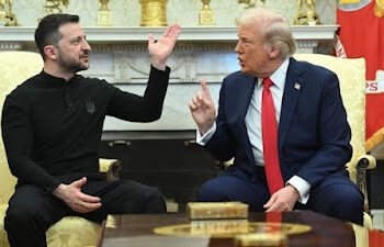 Presiden Ukraina Volodymyr Zelensky (kiri) saat bertemu dengan Presiden Amerika Serikat Donald Trump. FOTO/Net. Ⓒ Hak cipta foto di atas dikembalikan sesungguhnya kepada pemilik foto