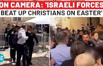 Pasukan teroris Israel menyerang dan menghalangi jemaat Kristen Palestina yang hendak beribadah di Gereja Makam Suci, Yerusalem, pada Sabtu malam (19/4). FOTO/Net. Ⓒ Hak cipta foto di atas dikembalikan sesungguhnya kepada pemilik foto