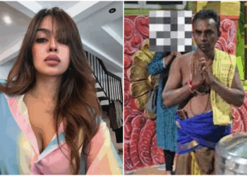 Miss Grand Malaysia 2021, Lishalliny Kanaran (kiri), seorang pendeta saat menjalani ritual pemberkatan di Kuil Mariamman, Sepang, pada 21 Juni 2025. FOTO/Kolase. Ⓒ Hak cipta foto di atas dikembalikan sesungguhnya kepada pemilik foto