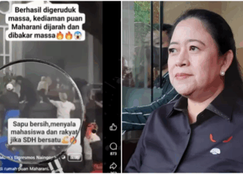 Tangkapan layar sebuah video berdurasi 30 detik (kiri) yang beredar di Facebook pada 31 Agustus 2025 diklaim menunjukkan rumah Ketua DPR RI Puan Maharani sedang dibakar dan dijarah oleh massa. FOTO/Kolase. Ⓒ Hak cipta foto di atas dikembalikan sesungguhnya kepada pemilik foto