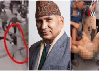 Menteri Keuangan Nepal dikejar dan dipukuli oleh para demonstran pada hari Selasa setelah Perdana Menteri KP Sharma Oli mengundurkan diri setelah protes keras yang dipimpin mahasiswa selama berhari-hari menentang korupsi dan larangan media sosial. FOTO/Kolase. Ⓒ Hak cipta foto di atas dikembalikan sesungguhnya kepada pemilik foto