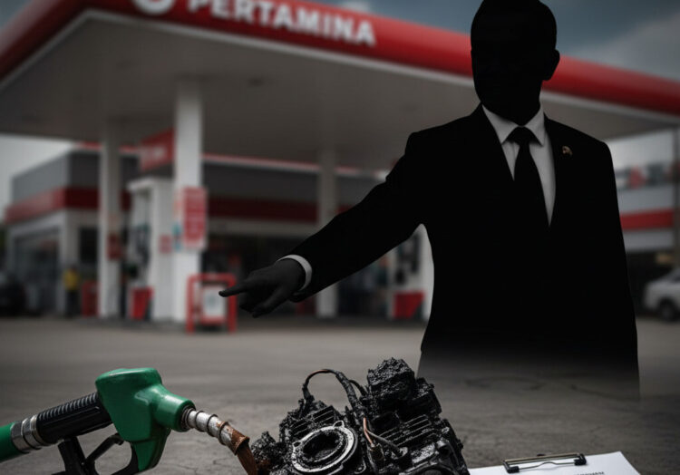 Ilustrasi foto yang menangkap ketegangan antara konsumen dan Pertamina. Di latar depan, sebuah pompa bensin Pertalite (Nozzle Hijau) yang rusak atau meneteskan cairan berwarna keruh, di sebelahnya terlihat mesin motor (bagian karburator/injeksi) yang dipenuhi kerak hitam atau terlihat rusak. Di sisi kanan, tumpukan nota/bukti pembayaran Pertalite yang dilampirkan bersama surat pengaduan konsumen. Di latar belakang (out of focus), terdapat logo Pertamina dan siluet gerbang SPBU, dengan bayangan sosok pria berjas/regulator (menggambarkan Menteri ESDM atau BPKN) yang menunjuk dengan tegas ke arah pompa. Judul visual utama: "Pertalite Bermasalah? Ganti Rugi atau Akuntabilitas?" Kontras warna antara merah (Pertamina/risiko) dan kuning (peringatan). FOTO/Net.
