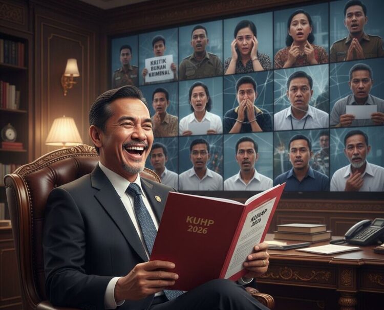 Ilustrasi Penguasa Tertawa melihat Rakyat yang dijerat dengan pasal karet dari Hasil Pengesahan KUHP dan KUHAP 2026. FOTO/HAI/AI. Ⓒ Hak cipta foto di atas dikembalikan sesungguhnya kepada pemilik foto