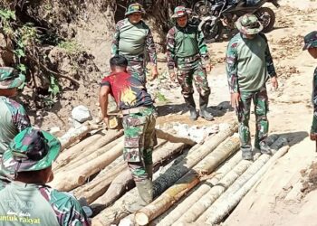 TNI Bersama Warga Bangun Jembatan Darurat di Timang Gajah, Akses Kembali Terhubung