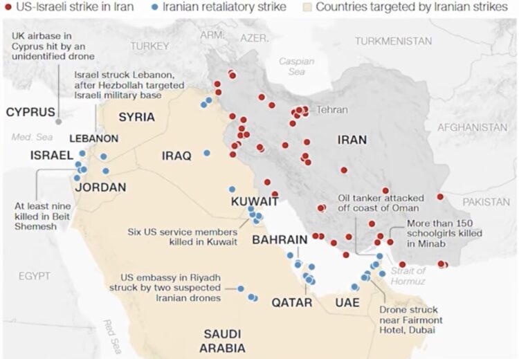 Gambaran teknis mengenai teater peperangan antara aliansi AS-Israel dan Iran. Peta ini menunjukkan efektivitas serangan balik Iran yang mampu menembus sistem pertahanan udara di lokasi-lokasi vital seperti Qatar, Bahrain, dan Arab Saudi, meskipun AS telah mengerahkan kekuatan militer skala besar. FOTO/Dok. Istimewa. Ⓒ Hak cipta foto di atas dikembalikan sesungguhnya kepada pemilik foto