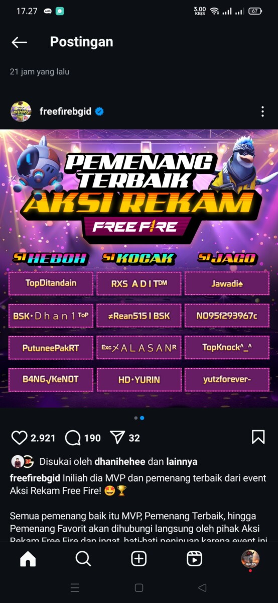 Postingan Pengumuman Pemenang Aksi Rekam Free Fire 2024. GAMBAR/Tangkapan Layar.