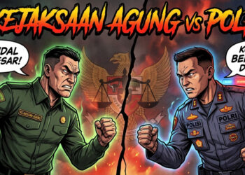 Ilustrasi Kejaksaan Agung vs Polri. FOTO/AI for HAI. Ⓒ Hak cipta foto di atas dikembalikan sesungguhnya kepada pemilik foto