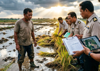 Gambar ini menampilkan kontras yang kuat antara petani yang berdiri di tengah sawah yang terdampak banjir dengan sekelompok pejabat dan tim inspeksi yang sedang meninjau lokasi serta memeriksa dokumen dan data digital. FOTO/AI for HAI. Ⓒ Hak cipta foto di atas dikembalikan sesungguhnya kepada pemilik foto