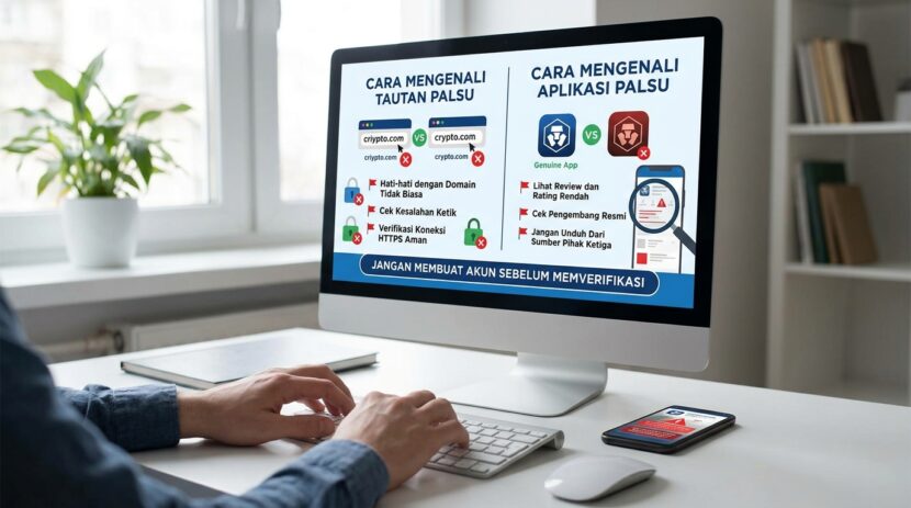 cara mengenali tautan dan aplikasi kripto palsu sebelum membuat akun. FOTO/by AI.