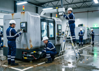 Ilustrasi suasana pemulihan dan perbaikan mesin produksi di lingkungan pabrik yang baru saja terdampak banjir, dengan tim teknis atau insinyur yang sedang bekerja melakukan pemeriksaan. FOTO/AI for HAI.