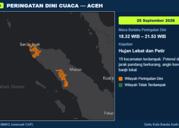BMKG Peringatkan Hujan Lebat Disertai Petir di Sejumlah Wilayah Aceh Malam Ini