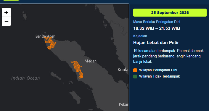 BMKG Peringatkan Hujan Lebat Disertai Petir di Sejumlah Wilayah Aceh Malam Ini