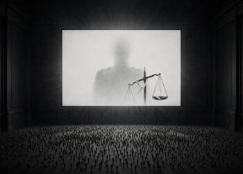 Ilustrasi: Ruang sidang formal yang kosong dan gelap, digantikan oleh layar putih besar yang menyala. Di dalamnya, bayangan sang jenderal yang samar dan timbangan keadilan yang patah. Di bawahnya, ribuan siluet rakyat berdiri menatap layar, ruang sidang yang sesungguhnya telah pindah dari palu hakim ke layar tontonan.