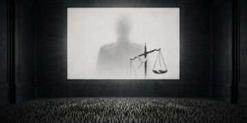 Ilustrasi: Ruang sidang formal yang kosong dan gelap, digantikan oleh layar putih besar yang menyala. Di dalamnya, bayangan sang jenderal yang samar dan timbangan keadilan yang patah. Di bawahnya, ribuan siluet rakyat berdiri menatap layar, ruang sidang yang sesungguhnya telah pindah dari palu hakim ke layar tontonan.
